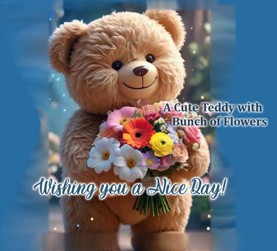 A Cute Teddy With Bunch Of Flowers!